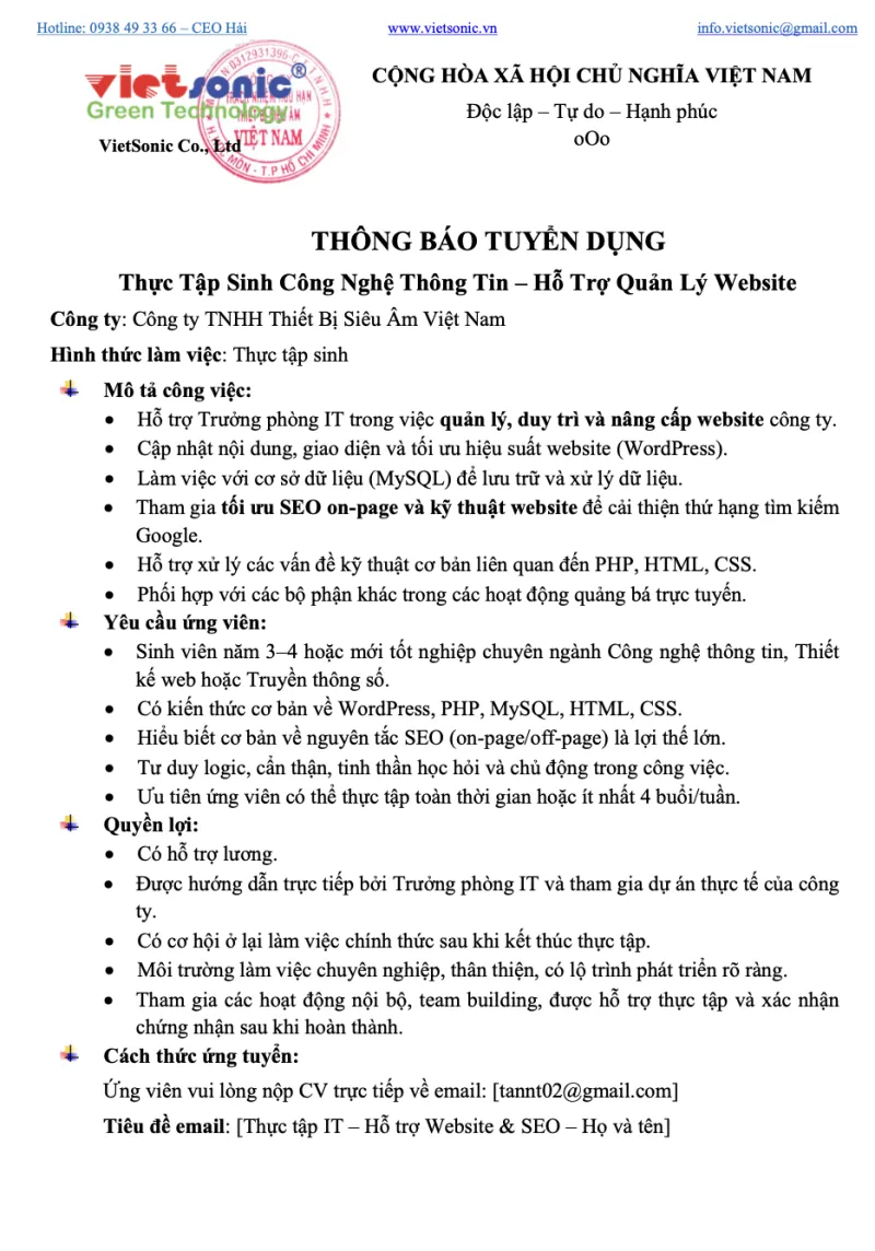 Tuyển dụng thực tập sinh _ Vietsonic